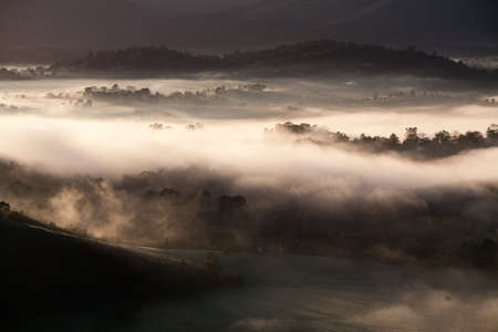 A view across a valley in the Yarra Valley in Victoria, Australiaの写真素材