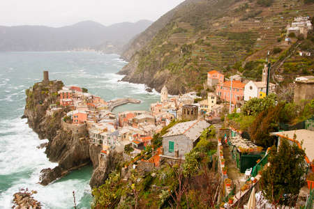 Vernazza buildings on a clear winter's day in the Cinque Terre, Italyの写真素材