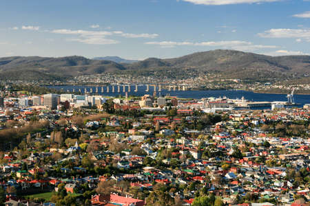 View over Hobart towards the Derwent River in Hobart, Tasmania, Australiaの写真素材