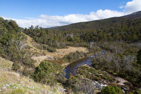 The Thredo River flows thru the Snowy Mountains countryside near perisher in New South Wales, Australiaの写真素材