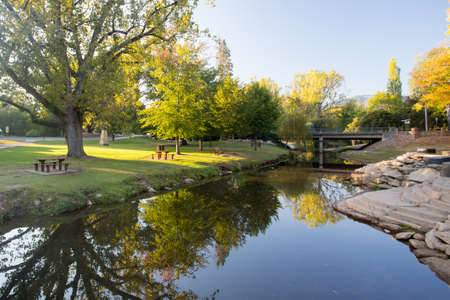 Bright Splash Park early on a cool autumn morning in Bright, Victoria, Australiaの写真素材