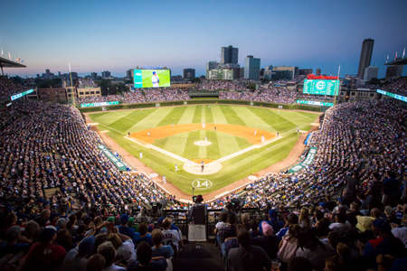 Chicago, USA - August 12, 2015: Chicago Cubs play Milwaukee Brewers on a warm summer's night at Wrigley Fieldのeditorial素材