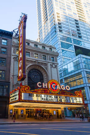 Chicago, USA - August 13 2015: Chicago theater with shows about to start on an early summer's eveningのeditorial素材
