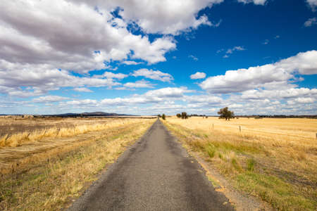 The vast expanse of farm fields in the Moolort Plains near the old townships of Maldon and Castlemaine in the goldfields region of Victoria, Australiaの写真素材
