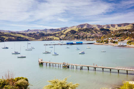 Akaroa Waterfront in New Zealand in Springの写真素材
