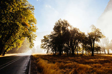 The view from within Yosemite Valley of surrounding rock faces at sunrise in the fog in California, USAの写真素材