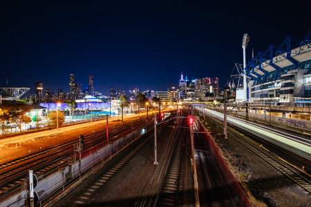 Melbourne skyline at night in Australiaの写真素材