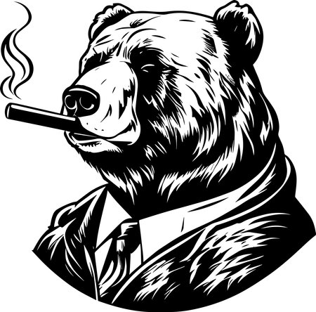 Grizzly Bear In A Suit Smoking A Cigar Monochrome Design Styleのイラスト素材