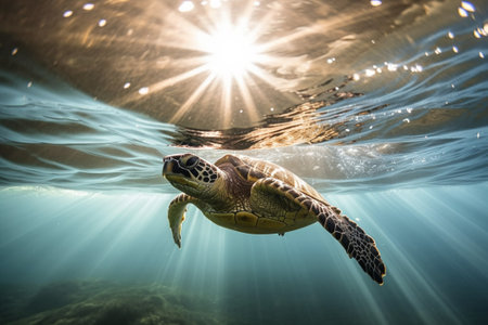 Turtle Swimming Under Crystal Clear Water Tropical Seaの写真素材