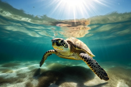 Turtle Swimming Under Crystal Clear Water Tropical Seaの写真素材