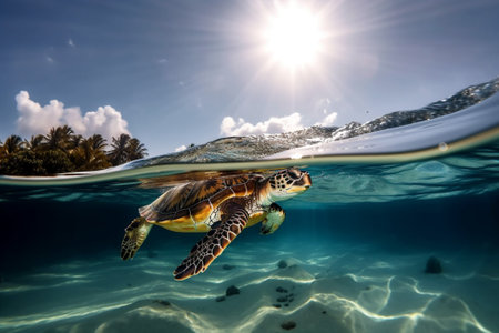 Turtle Swimming Under Crystal Clear Water Tropical Seaの写真素材