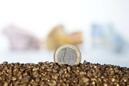 One euro coin standing alone in gold with background of other bank notesの写真素材