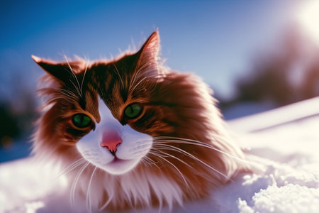 Adorable cat on snow poses to camera. AI Generated.の素材