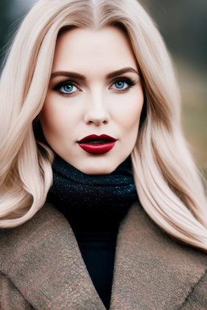 Outdoor portrait of a beautiful woman with blonde hair in autumn.の素材