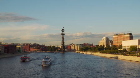 Moscow, Russia - July 15, 2017: Pleasure boat sail across Moscow River in the eveningのeditorial素材