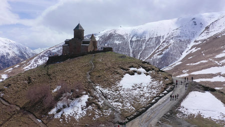 Gergeti Trinity Church, also known as the Holy Trinity Temple. Aerial view.