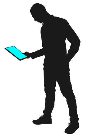 man holding touchscreen digital tablet, vectorのイラスト素材