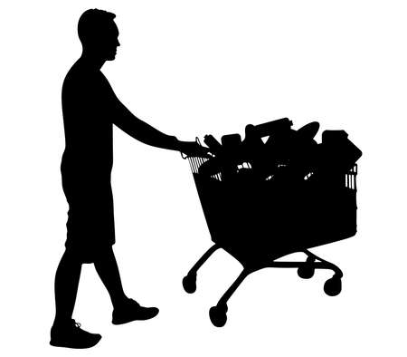 Young man pushing shopping cart full of supplies isolated on white background, vectorのイラスト素材
