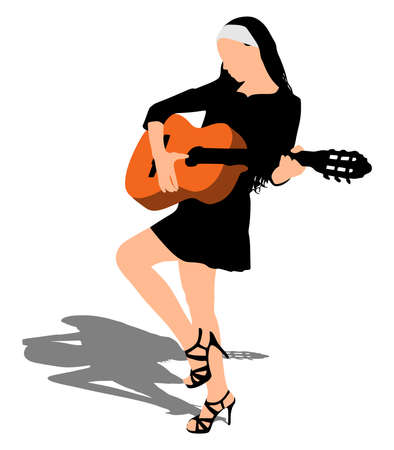 Young beautiful woman playing guitar, vectorのイラスト素材