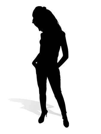 Sad young girl holding hands in pockets, standing and looking down, vectorのイラスト素材