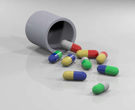3d illustration of Pills spilling out of pill bottleの写真素材