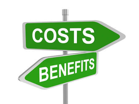 Two green road signs , costs vs. benefits, 3d illustration