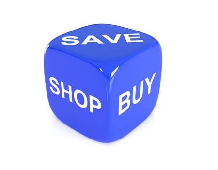 Blue Dice with words Shop, Buy, Save on faces, 3d illustrationの写真素材