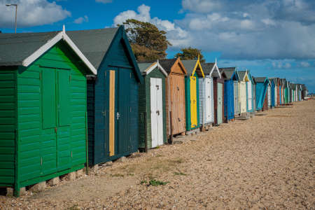 2016 United Kingdom Mersea colorful houses on the coast. Beautiful beach with interesting buildingsの写真素材