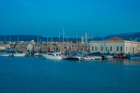 Greece, Crete, sunset in Chania (Xania) evening light to cityの写真素材