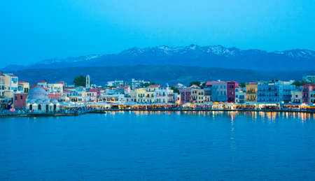 Greece, Crete, Chania (Xania) view to the port in blue hourの写真素材