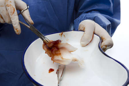 Nurse with infectious material and surgical instruments