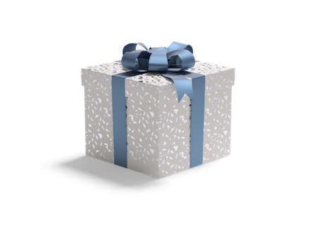 A red white box with spangle tied with a blue satin ribbon bow. A gift for Christmas, Birthday,...