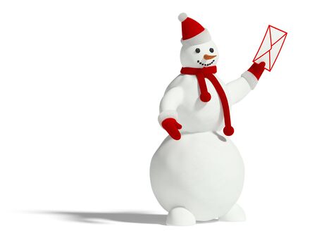 Snowman with envelope on a white background. It's 3D image.の写真素材