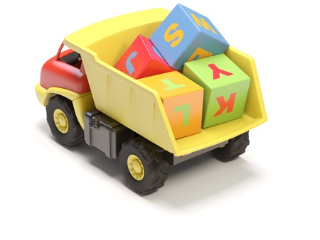 Toy truck and cubes on white background   It s 3D image の写真素材