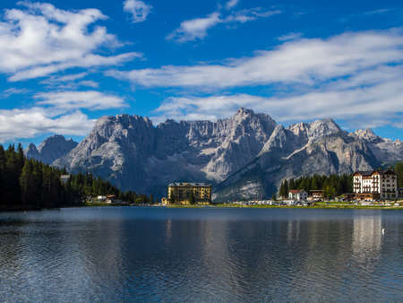 View of Misurina's lake in a clear summer's morningの写真素材
