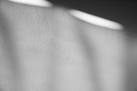 A minimalist background featuring natural light and soft shadows falling across a textured white wall. The image creates a clean, neutral aesthetic suitable for design templates, modern layouts, and creative visual compositions.の写真素材