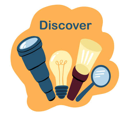 Discover and searching set with lamp binoculars and magnifying glassのイラスト素材