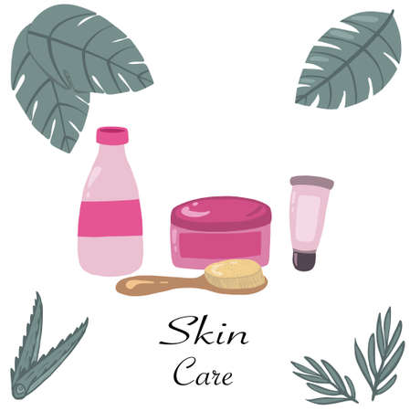 skincare tubes with brush and tropical leaves. high quality illustrationのイラスト素材