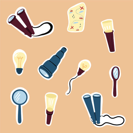 searching stickers set with lamp, binoculars, map, magnifying glassのイラスト素材