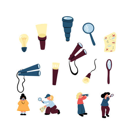 Searching set discovering characters with binoculars lamps glassのイラスト素材