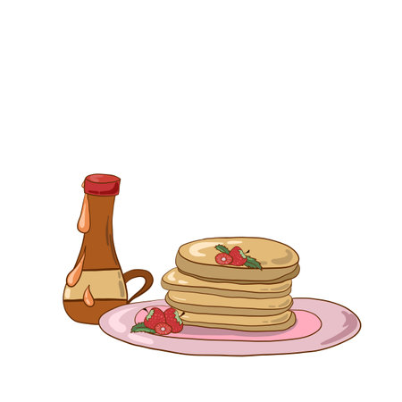 Maple sirup pancakes with berries and mintのイラスト素材