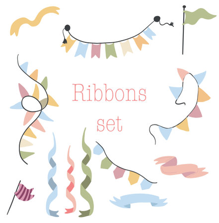 Cute hand drawn ribbons and garland setのイラスト素材