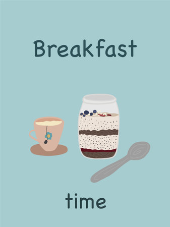 Breakfast time banner with porridge tea and spoonのイラスト素材