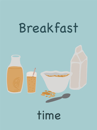 Breakfast time cornflakes milk and fresh orange juiceのイラスト素材