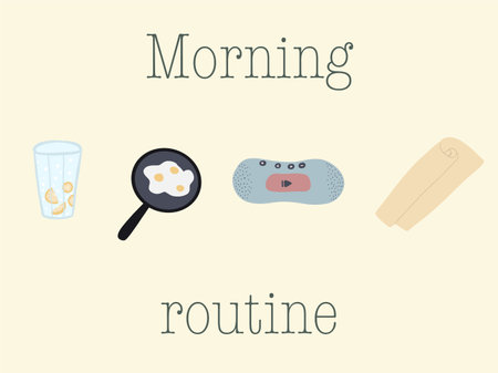 Morning routine yellow background eggs music yoga and lemon waterのイラスト素材