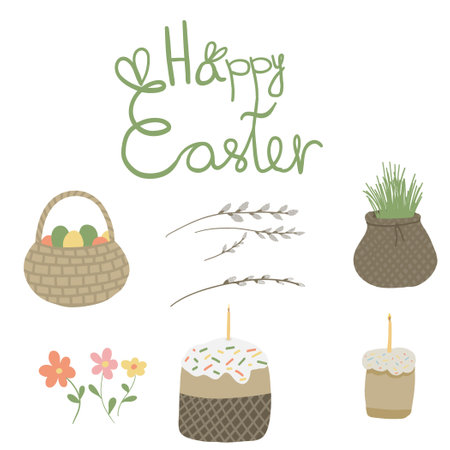 Happy easter set with branches grass cakes and eggsのイラスト素材