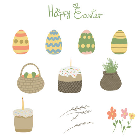 Easter set with eggs grass and branchesのイラスト素材