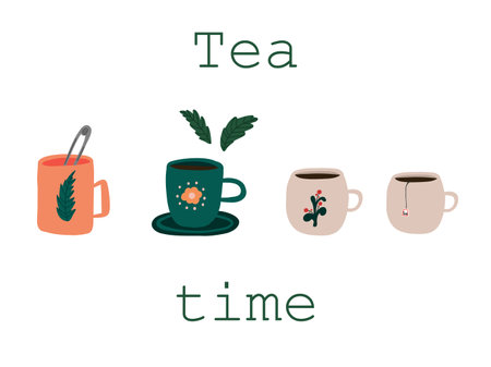 Illustration of tea time different mugsのイラスト素材