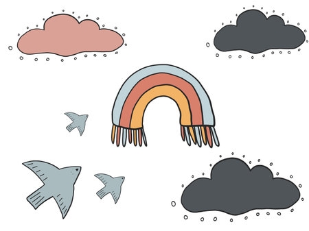 Set of rainbow with birds and cloudsのイラスト素材
