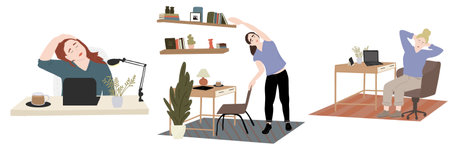 Set of stretching cartoons female at workplaceのイラスト素材